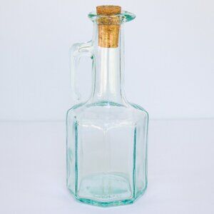 Green Glass Oil Jar, vintage octagon vase with cork lid, aqua sea green recycled